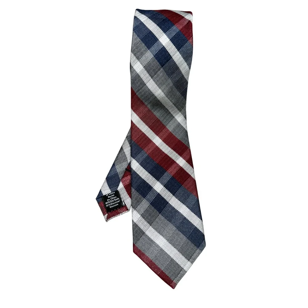 Ben Sherman Necktie Mens OS Red Blue White New Silk‎ Blend Plaid Slim Tie